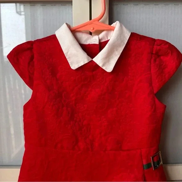 JANIE AND JACK Red Jacquard Holiday Dress Size 3 Floral Formal Valentines - Picture 2 of 8